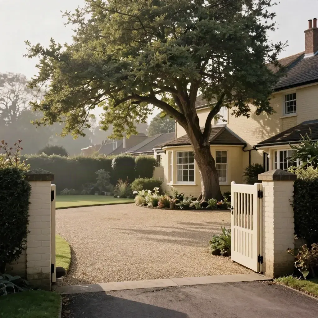Open suburban front garden with lime canopy, clear drive and roofline clearance in soft morning light.