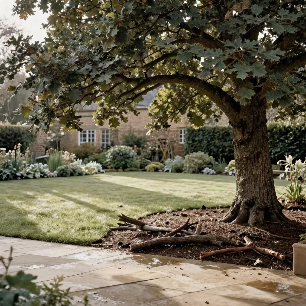 Pruned oak above a sunlit rear garden with stacked branches and cream patio slabs