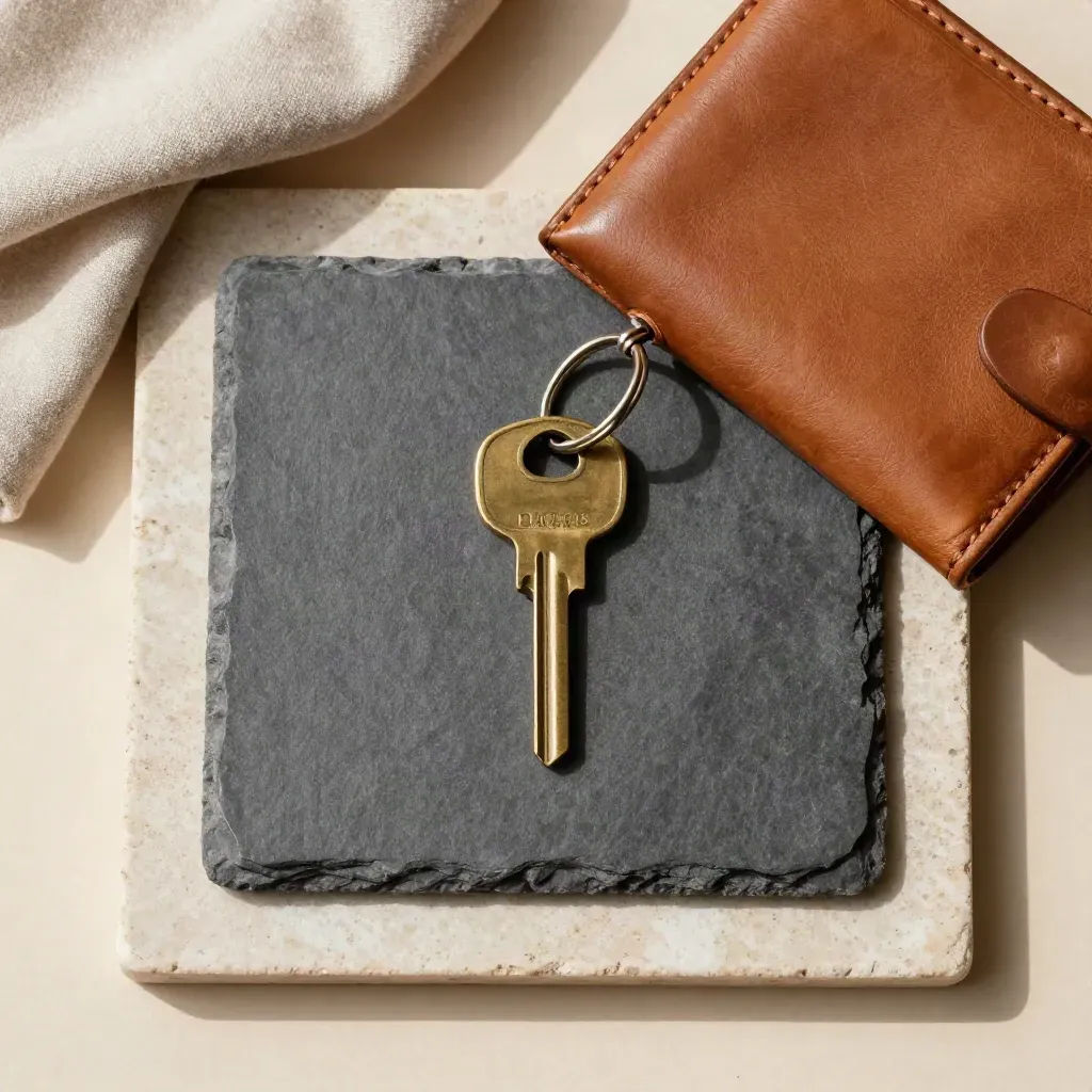 Brass key ring, leather date wallet and slate tile on a pale stone tray