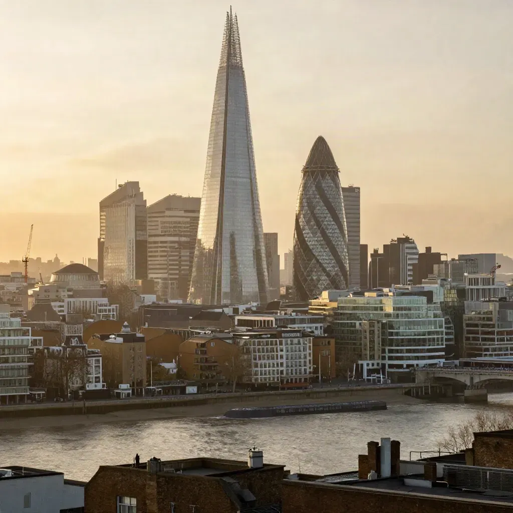 The Shard above London haze at golden hour, with calm river mist and rooftops below.