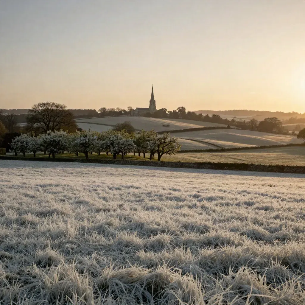 Chalk downs with orchard edge and distant cathedral spire above soft evening fields